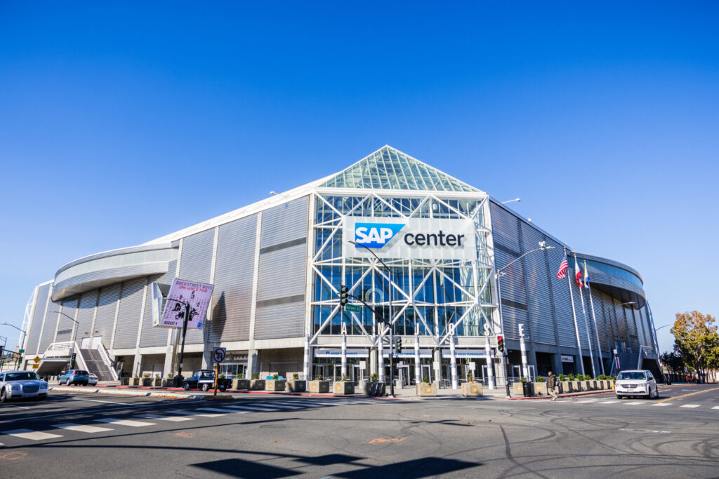 November 25, 2018 San Jose / CA / USA – SAP Center building close to downtown San Jose, south San Francisco bay area; multi-purpose sports and concert venue; home of the San Jose Sharks of the NHL Item ID: 1241602126