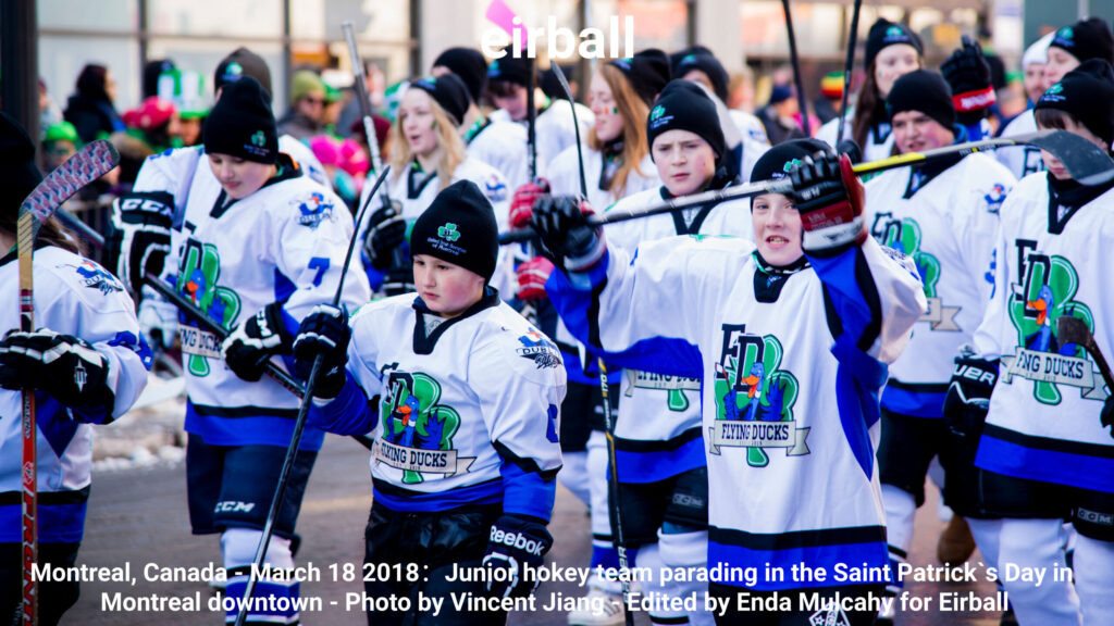 Montreal, Canada - March 18 2018：Junior hokey team parading in the Saint Patrick`s Day in Montreal downtown